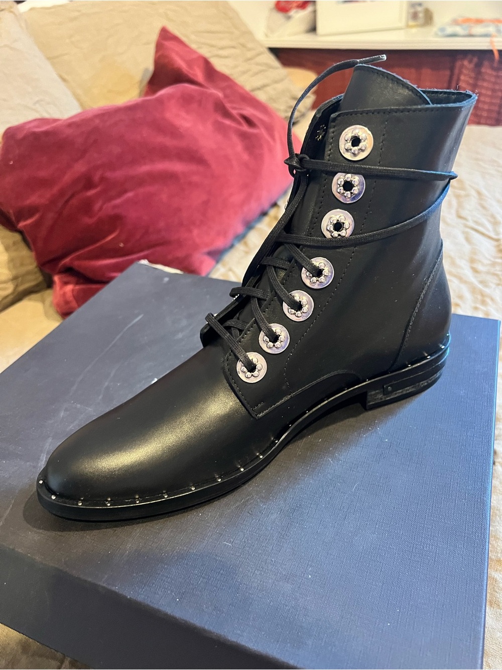 Freda Salvador Black Leather Lace-Up Combat Boot with Silver Eyelets